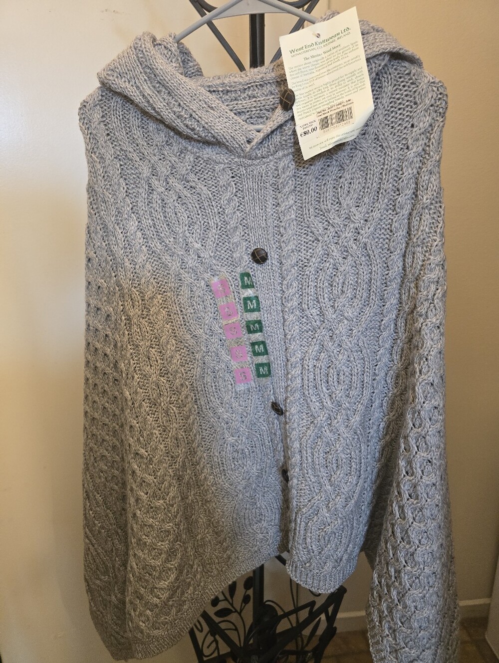Nwt Aran Crafts Merino Wool From Ireland Light Gray Cowl Neck Poncho Size S/M